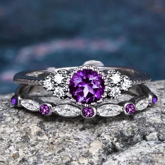 NEW! Dainty “Flora” 18K Purple Sapphire Ring Set - Picture 2 of 4